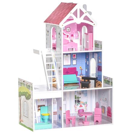 HOMCOM Kinder Puppenhaus mit 3 Etagen rosa