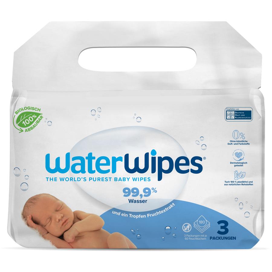 WaterWipes Babyservietter, biologisk nedbrytbare, 180 servietter (3 x 60 stk)
