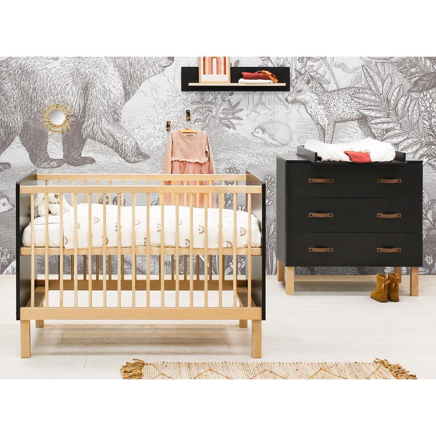 Bopita Babyzimmer Floris 2-teilig 60 x 120 cm mattschwarz/natur mit Wickelaufsatz