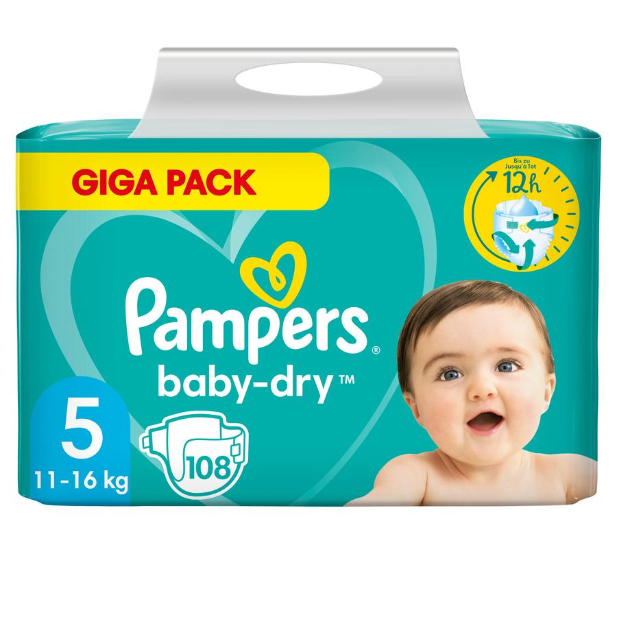 PAMPERS Baby-Dry, tamaño 5, 11 – 23 kg, Mega Plus Pack, 108 unidades 
