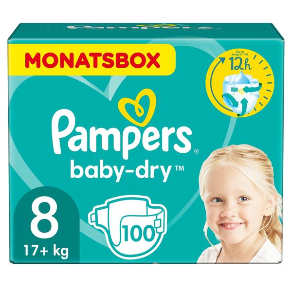 Pampers Pañales Baby Dry Talla 8 Extra Grande 100 Unidades 17+ kg Caja mensual
