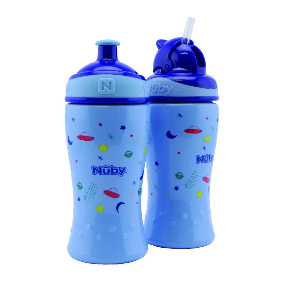 Nûby Trinkhalmflasche und Trinkflasche mit Pop-Up Verschluss 360ml ab 12 Monate, blau, 2 Stück