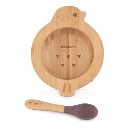 miniland Set de vaisselle composé d'un bol et d'une cuillère en bois wooden bowl chick