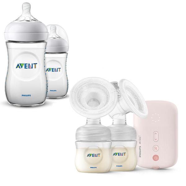 Philips Avent starterset met elektrische dubbele borstkolf SCF397/11, bewaarsysteem voor babyvoeding SCF721/20 en babyflessen Natural 2x 260 ml SCF033/27 