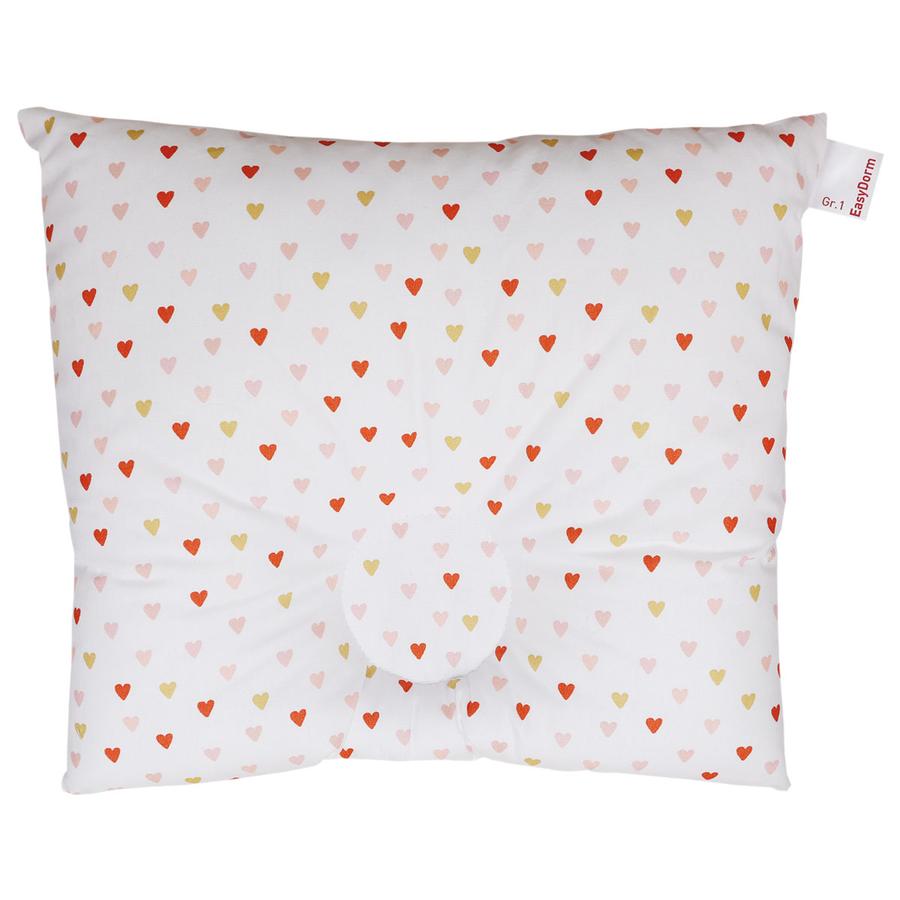 BabyDorm ® Ennaltaehkäisevä tyyny EasyDorm Leni valkoinen värillisillä sydämillä varustettuna