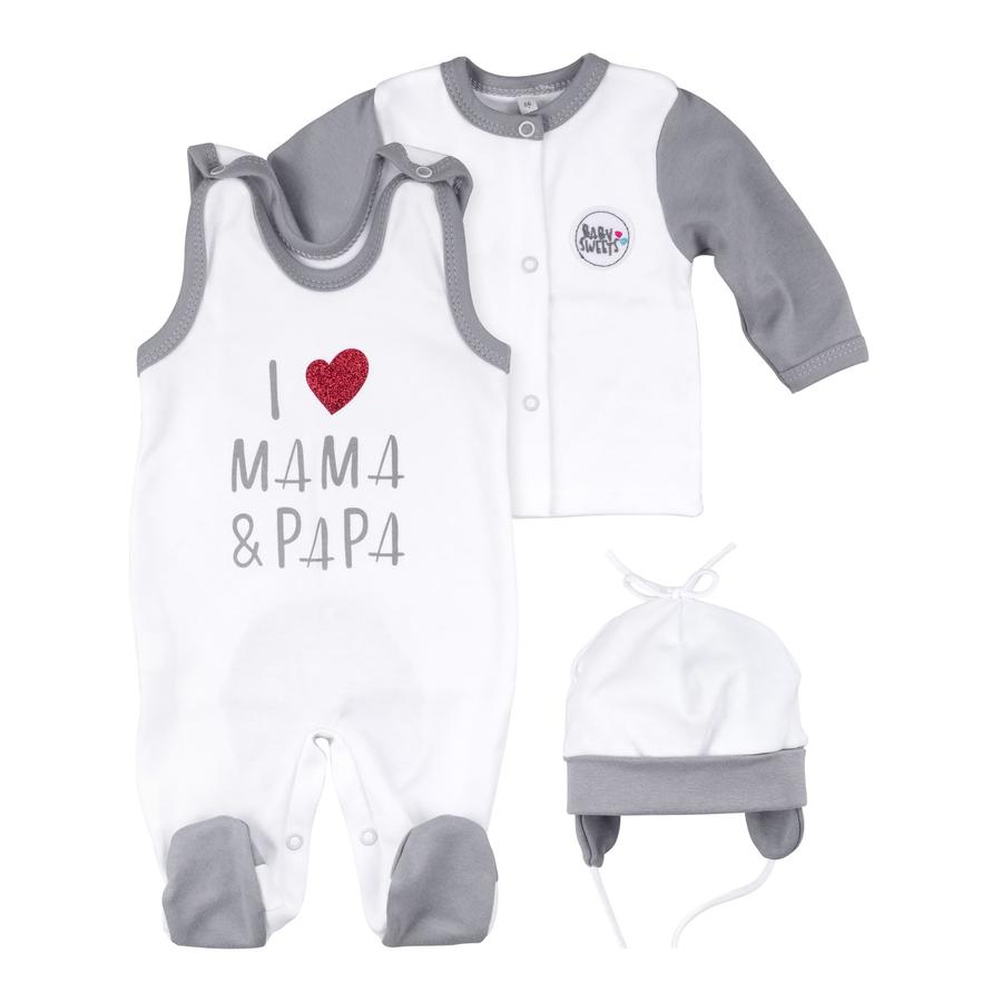 Baby Sweets 3tlg Set Strampler + Shirt + Mütze I love Mama & Papa weiß grau