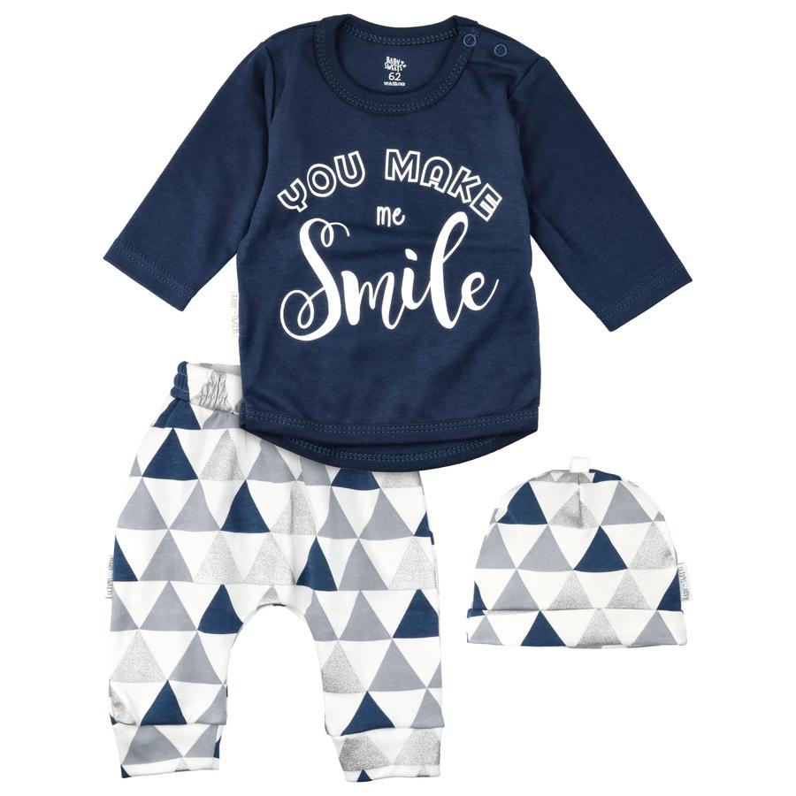Baby Sweets 3tlg Set Shirt + Hose + Mütze Lieblingsstücke You make me Smile weiß grau dunkelblau