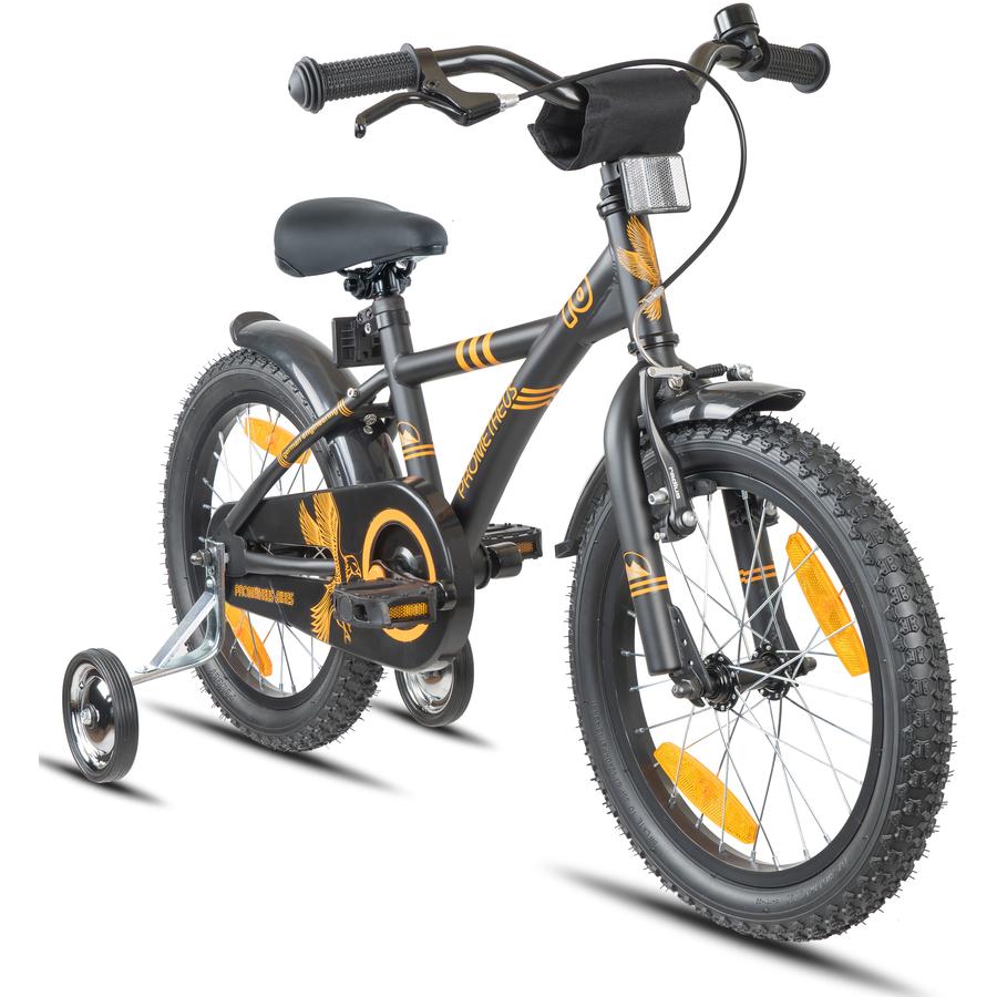 PROMETHEUS BICYCLES ® Rower dziecięcy 16", Black-Matt Orange z kołami treningowymi