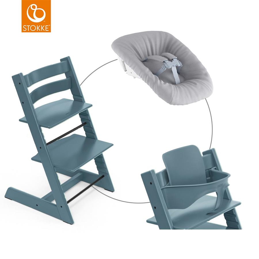 STOKKE® Mega Tripp Trapp® Set Hochstuhl Buche Fjord Blue inkl. Newborn Set™ Grey und Baby Set Fjord Blue
