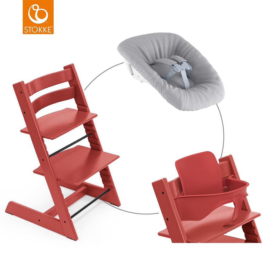 STOKKE® Mega Tripp Trapp® Set Hochstuhl Buche Warm Red inkl. Newborn Set™ Grey und Baby Set weiß
