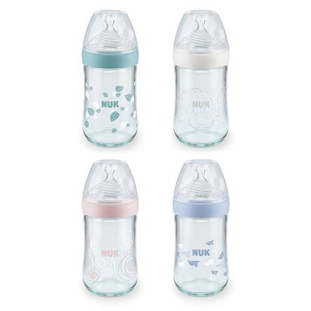 NUK Glasflasche Nature Sense 240 ml ab der Geburt mit Silikon Trinksauger Gr. S türkis / weiß / rosa / blau