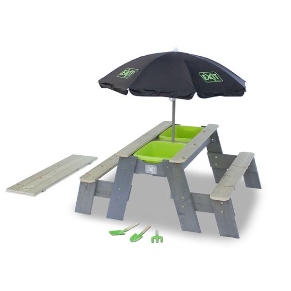 EXIT Aksent zand-, water- en picknicktafel (2 bankjes) met parasol en tuingereedschap
