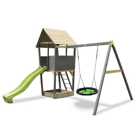 Exit Tour De Jeu Enfant A Toboggan Balancoire Nid Enfant Aksent Bois Gris Roseoubleu Fr