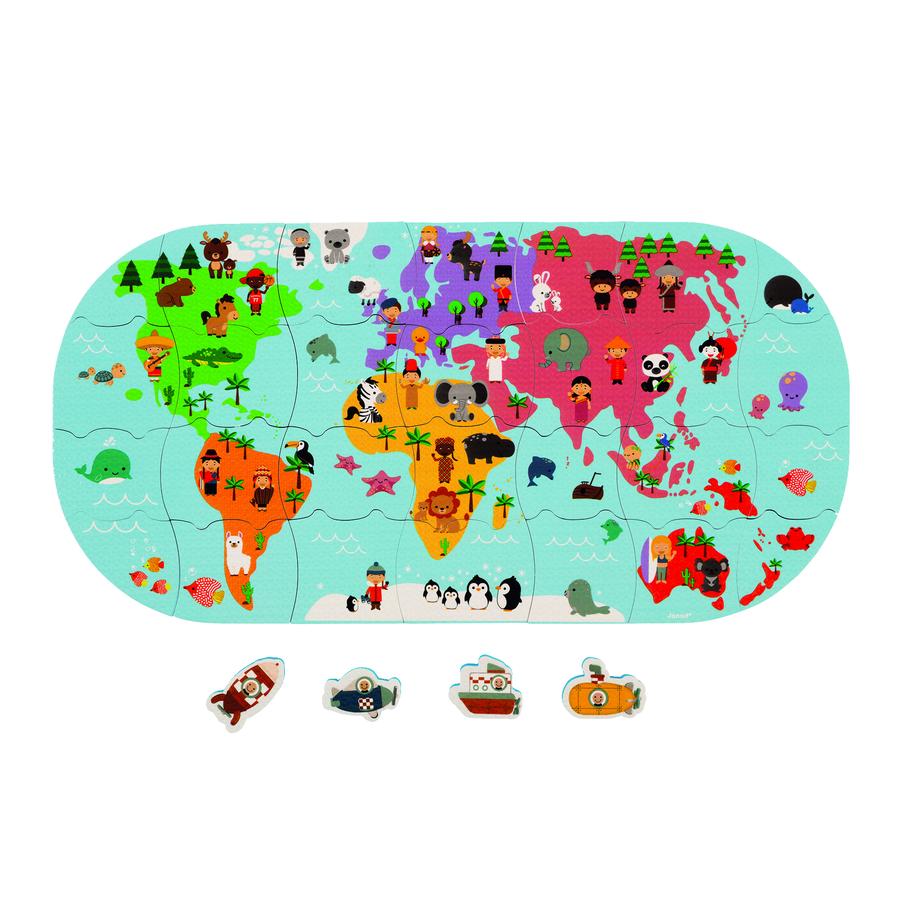 Janod ® Badspeelgoed wereldkaart puzzel 28 delig