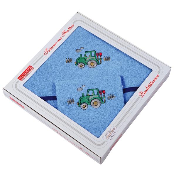 WÖRNER SÜDFROTTIER Ręcznik z kapturem i myjka Traktor, niebieski 80 x 80 cm 