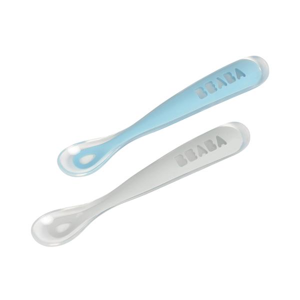 BEABA  Zestaw 2 silikonowych łyżeczek dla niemowląt z pudełkiem do przechowywania 1st age niebieski/szary