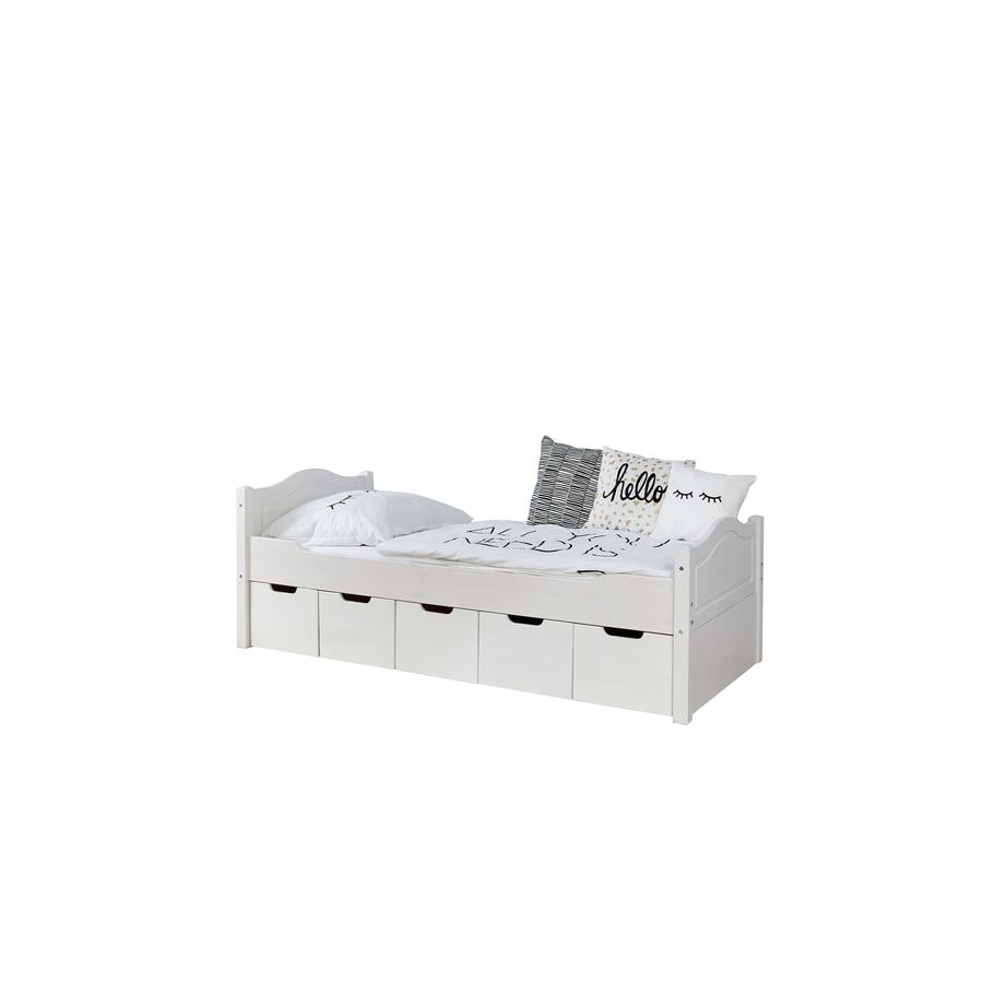 TiCAA Einzelbett Leni 100 x 200 cm Kiefer weiß mit 5 Schubladen

