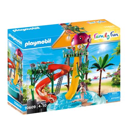 PLAYMOBIL Family Fun 70609 Aqua Park mit Rutschen Zum Bespielen mit Wasser Ab 4 Jahren Schwimmfähig Ab 4 Jahren & Family Fun 70112 Badegast mit Schwimmreifen 