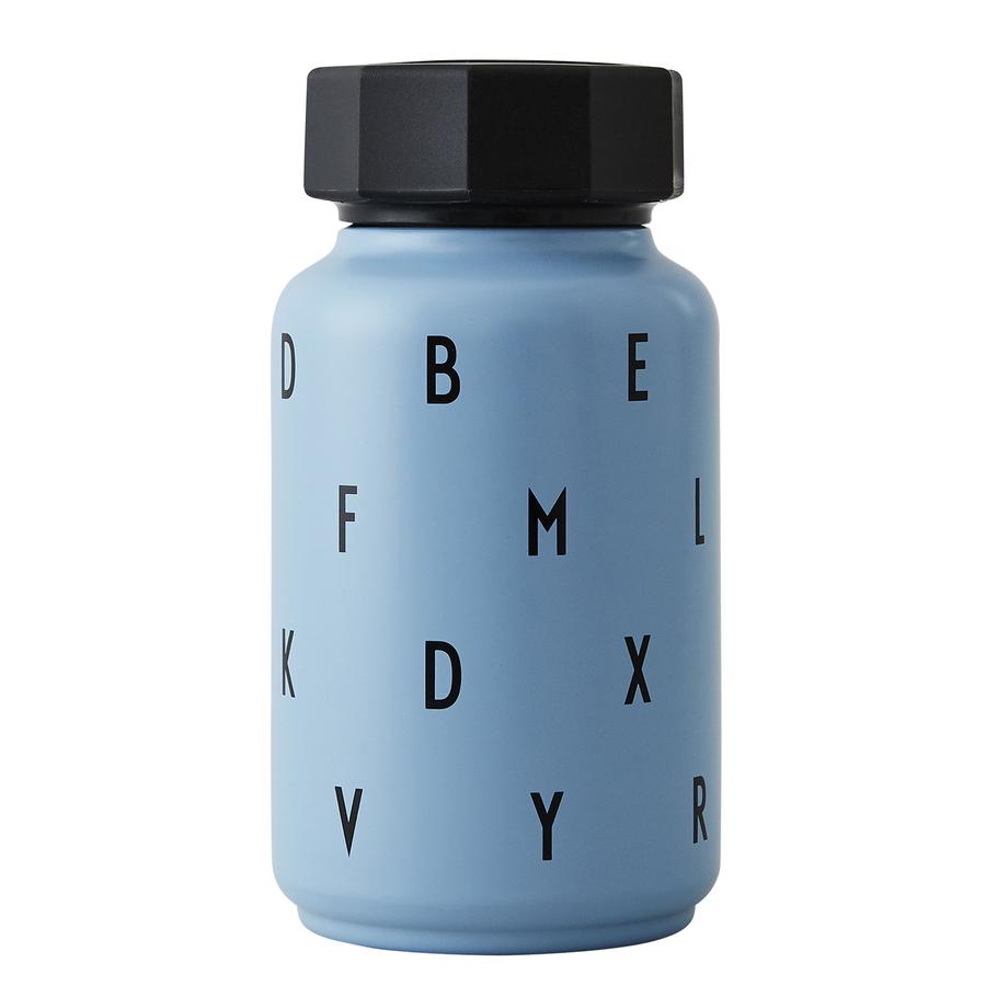 Design letters termo flaske med halm 330 ml i blå