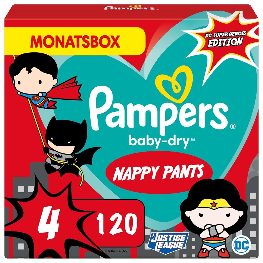 Pampers Baby-Dry Pants Warner Brothers, størrelse 4, 9-15 kg, månedlig æske (1 x 120 trusse bleer)