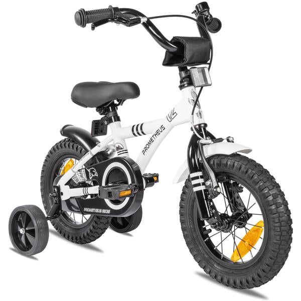 PROMETHEUS BICYCLES ® Kinderfiets 12" in wit &amp; zwart vanaf 3 jaar met zijwieltjes