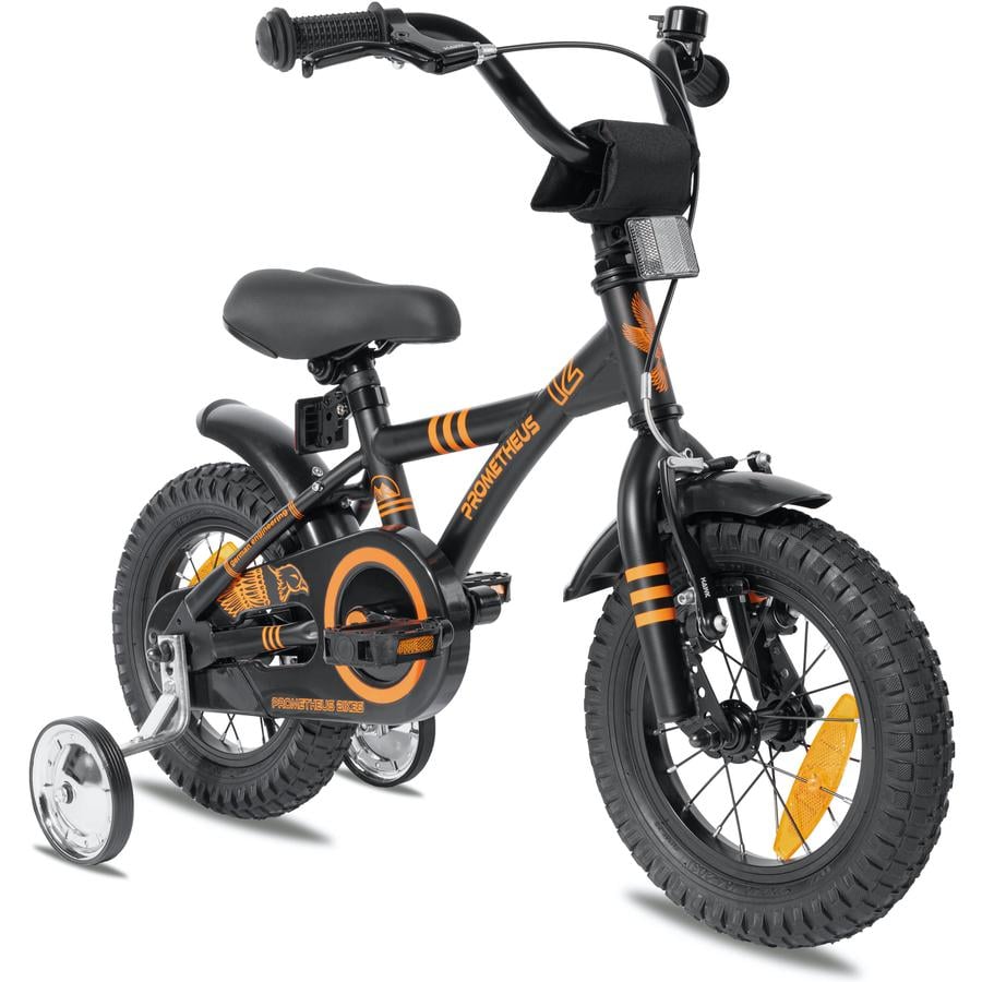 PROMETHEUS BICYCLES ® Kinderfiets 12" in zwart mat &amp; Orange vanaf 3 jaar met zijwieltjes