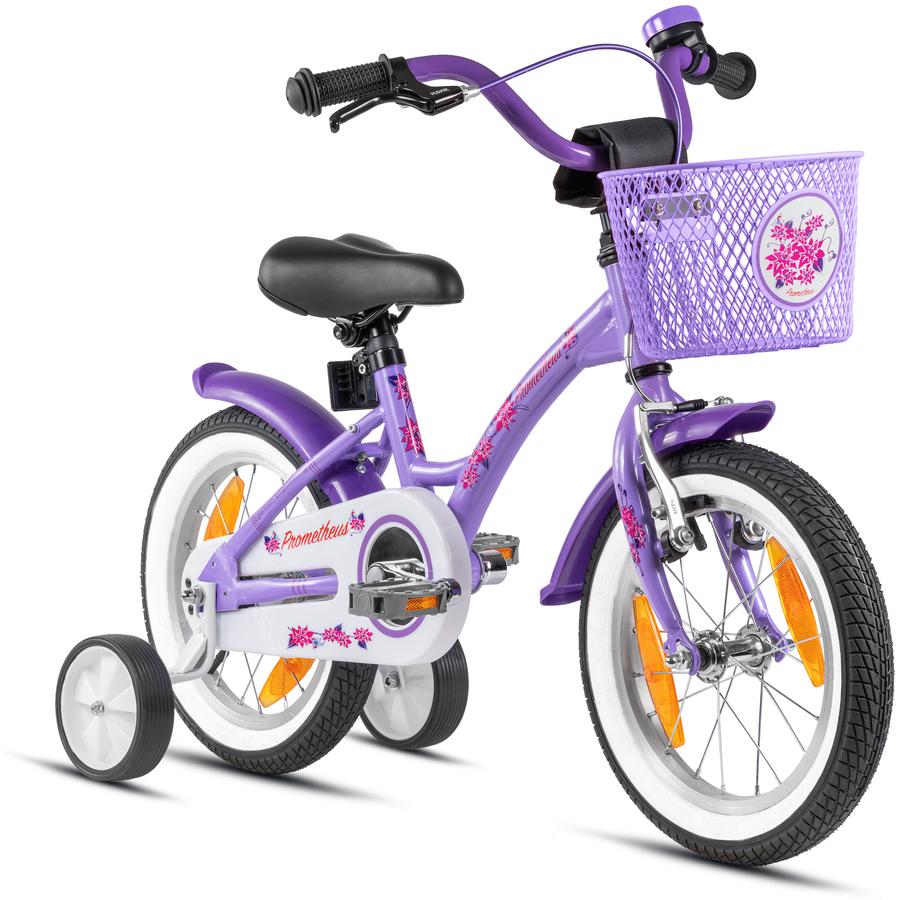 PROMETHEUS BICYCLES ® Dětské kolo 14'' od 3 let s tréninkovými koly ve fialové a bílé barvě