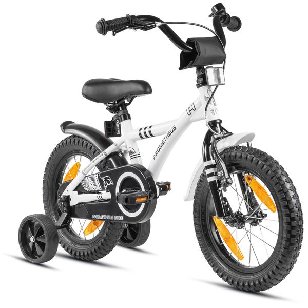 "PROMETHEUS BICYCLES ® Børnecykel 14 ""i hvid & sort fra 3 år med træningshjul"