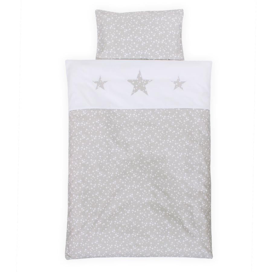 babybay ® Biancheria da letto per bambini piqué, grigio perla stelle bianche con applicazione stella 100 x 135 cm