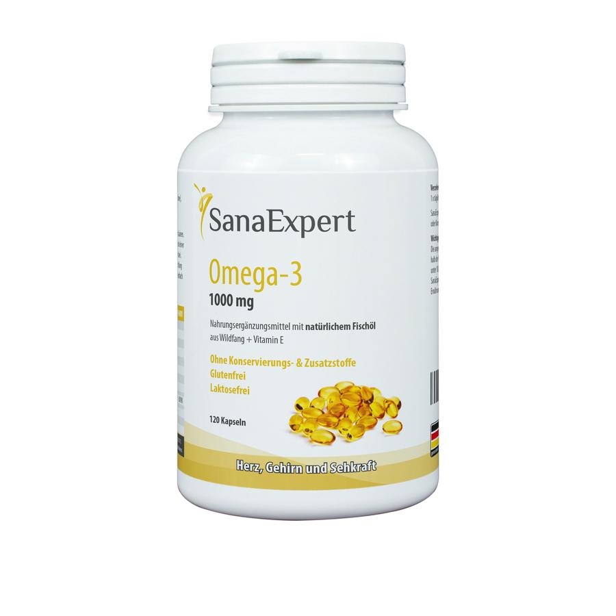 SanaExpert Nahrungsergänzungsmittel Omega-3 Fettsäuren mit natürlichen Fischöl aus Wildfang und Vitamin E für Gehirn, Herz und Sehkraft, 120 Kapseln