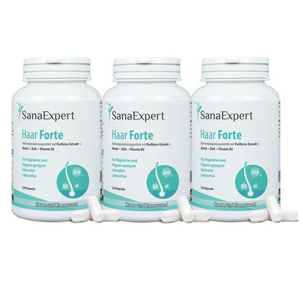 SanaExpert Nahrungsergänzungsmittel  Haar Forte mit Perlhirse, Biotin, Zink und Vitamin B5 für Haare und Haarwurzel, vegan, 3 x 120 Kapseln