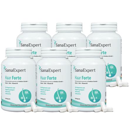 SanaExpert Nahrungsergänzungsmittel  Haar Forte mit Perlhirse, Biotin, Zink und Vitamin B5 für Haare und Haarwurzel, vegan, 6 x 120 Kapseln