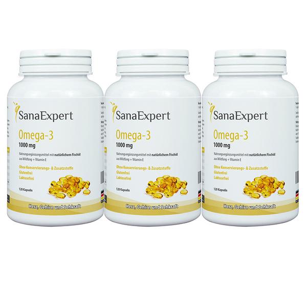 SanaExpert Nahrungsergänzungsmittel Omega-3 Fettsäuren mit natürlichen Fischöl aus Wildfang und Vitamin E für Gehirn, Herz und Sehkraft, 3 x 120 Kapseln