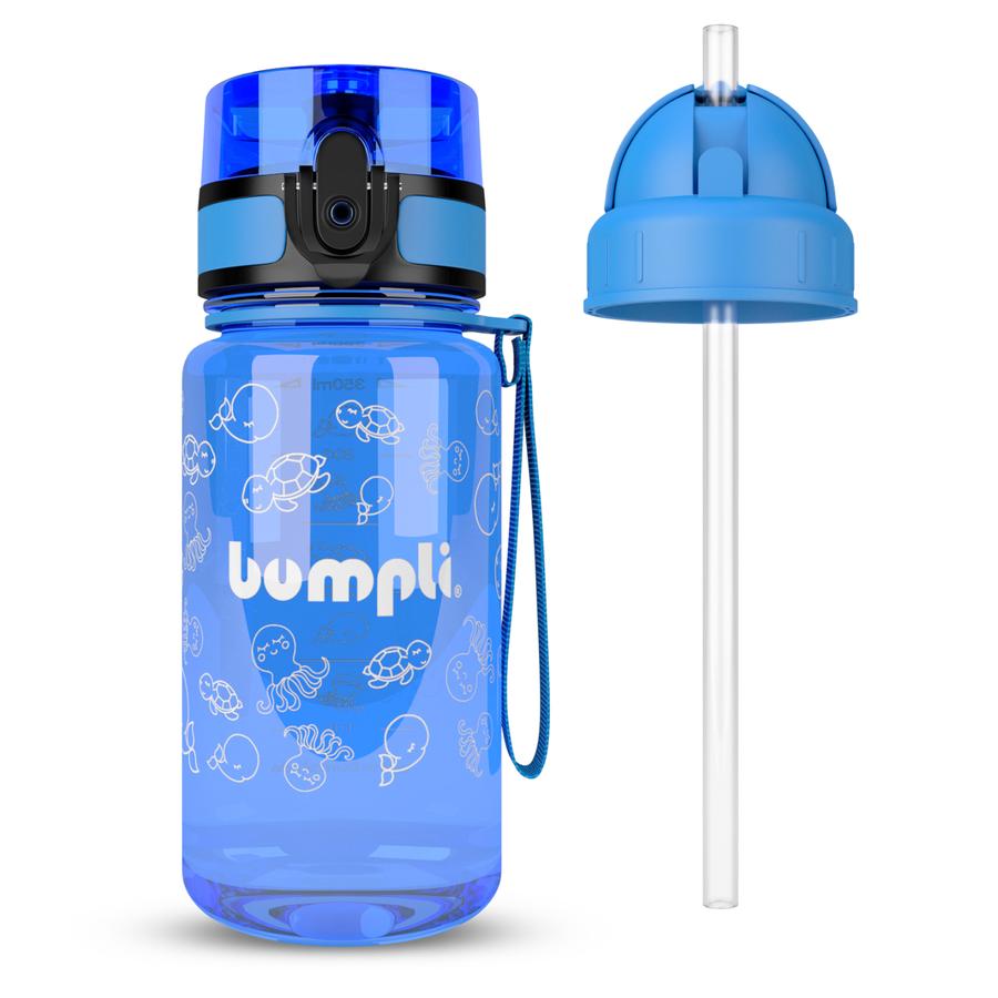bumpli ® Bottiglia per bambini + coperchio con cannuccia extra blu 350 ml da 3+ anni
