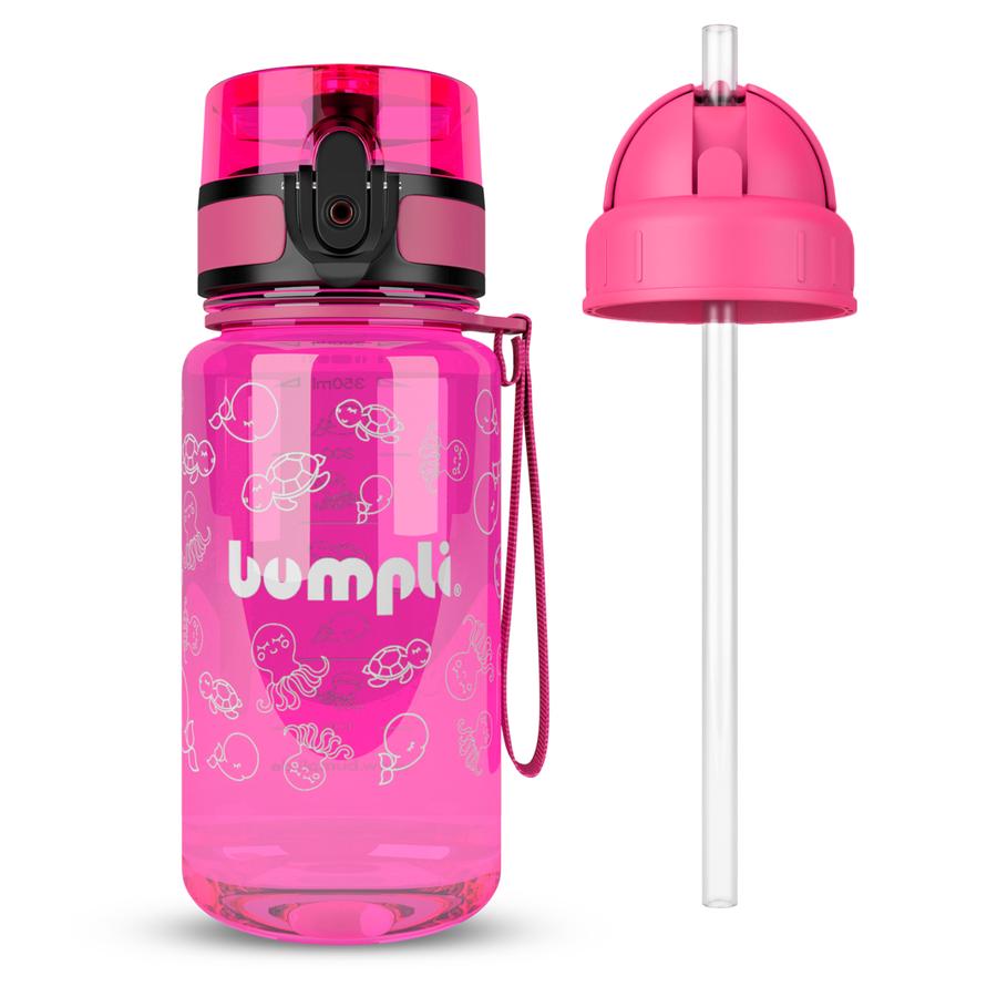 bumpli ® Butelka do picia dla dzieci + dodatkowa pokrywka ze słomką różowa 350 ml od 3+ lat 