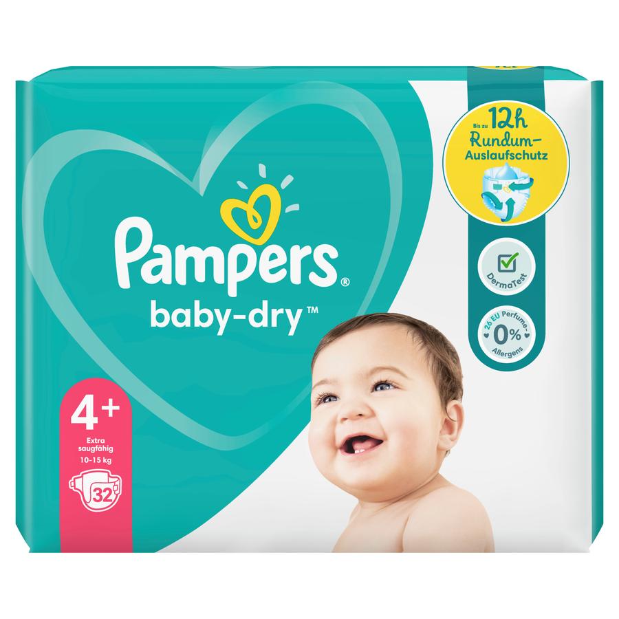 Pampers Couches Baby Dry T.4+ Maxi Plus 10-15 kg 32 pièces pack éco