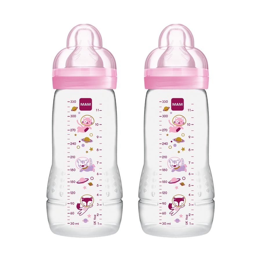 MAM Babyflasche Easy Active blau 330 ml ab 4+ Monaten, Weltall 2 Stück rosa