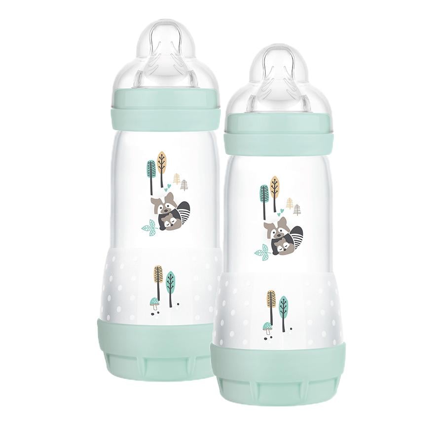 MAM Babyflaske Easy Start Anti-Colic Elements 320 ml fra 4+ måneder, vaskebjørn 2 stk grønn 