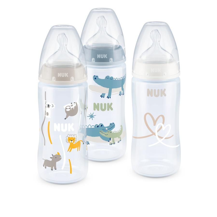 NUK Set med 3 flaskor First Choice ⁺ Temperatur Control , 300 ml blå/vit/beige