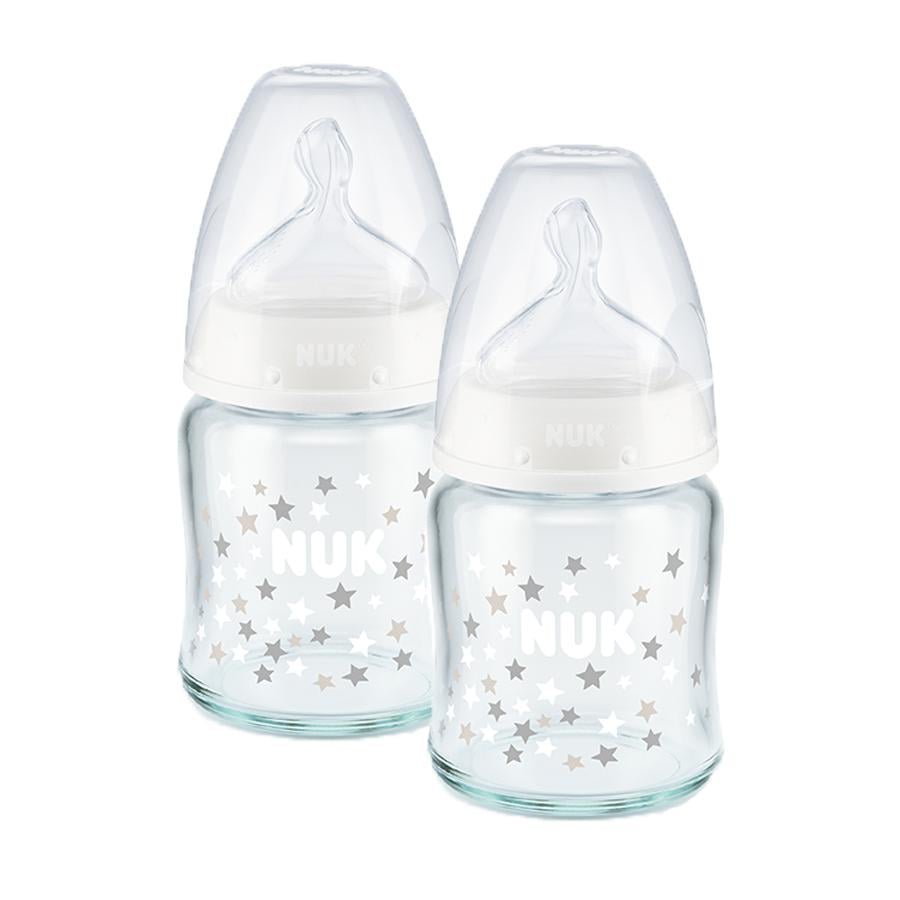 NUK Botella de vidrio First Choice ⁺ desde el nacimiento 120 ml, temperatura control en un paquete doble blanco