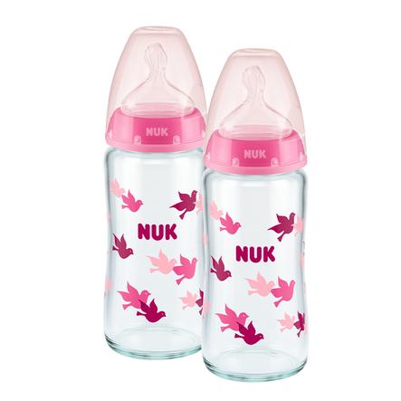 NUK Butelka szklana First Choice ⁺ od urodzenia 240 ml, temperatura control w podwójnym opakowaniu różowa