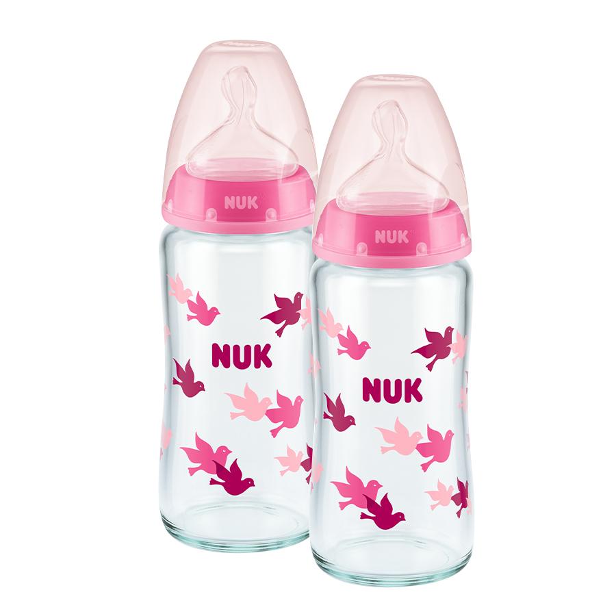 NUK Glasflaska First Choice ⁺ från födseln 240 ml, temperatur control i dubbelförpackning rosa