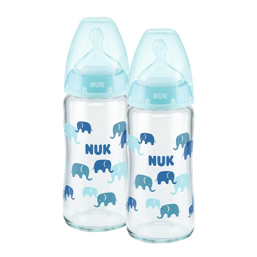 NUK Biberon en verre First Choice ⁺ dès la naissance 240 ml, température control en pack de deux bleu