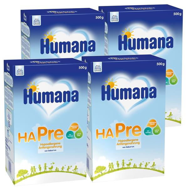 Humana Anfangsnahrung HA Pre  für Babys mit erhöhtem Allergierisiko 4 x 500 g ab der Geburt