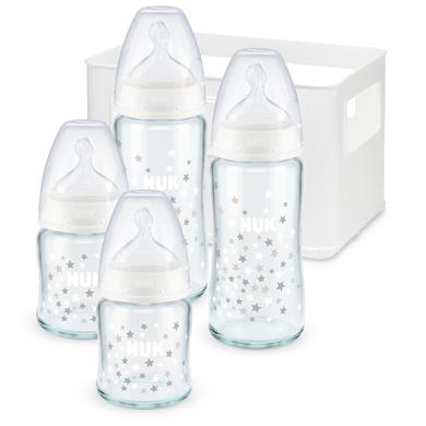NUK Startsæt til glasflasker First Choice ⁺, silikone sutteflaske fra fødslen, temperatur Control Stjerner